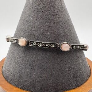 Sterling Silver 925 Pink Cabochon Marcasite Tennis Bracelet 7.5in Thailand Oval